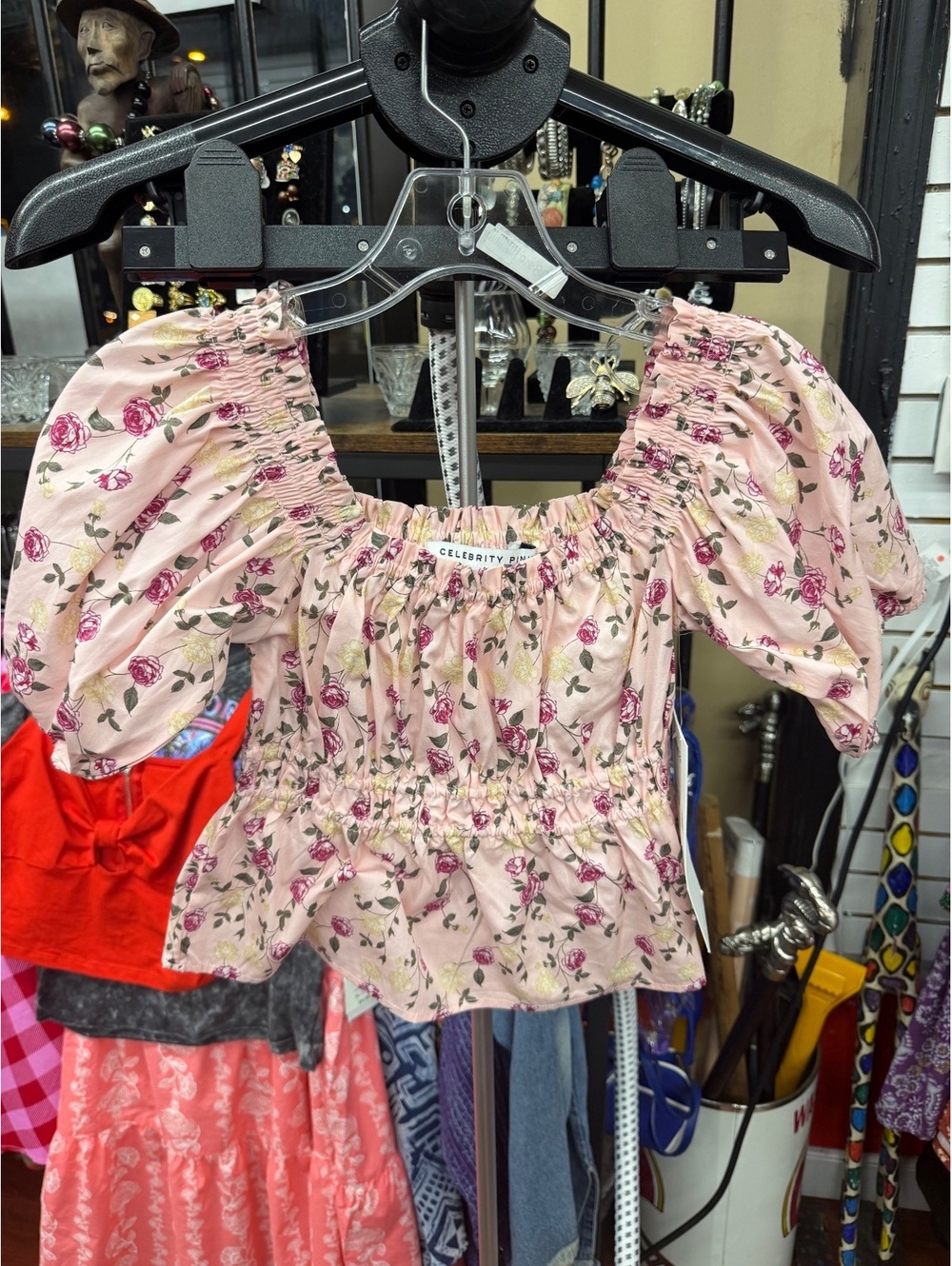 Celebrity Pink Floral Puff Sleeve Smocked Peplum Top Pink XS NWT
